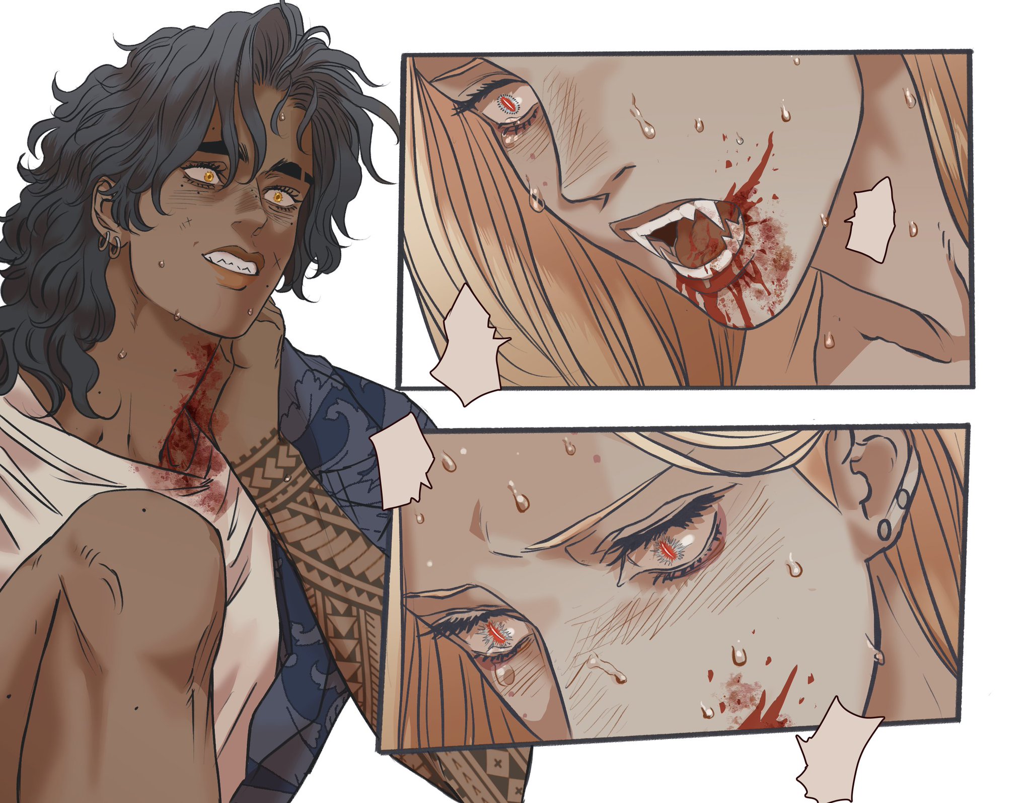 the image is a comic panel depicting two characters, possibly vampires, in a scene involving blood and a bite. on the left, a darkhaired male character is shown with blood on his neck, indicating he has been bitten. he has golden eyes and a tribal tattoo on his arm. to the right, two inset panels focus on a blonde female character. the top panel shows her mouth with visible fangs and blood around it, suggesting she is the one who bit the male character. the bottom panel shows a closeup of her eyes, which are red, and her face covered in sweat, indicating a state of heightened emotion or exertion.