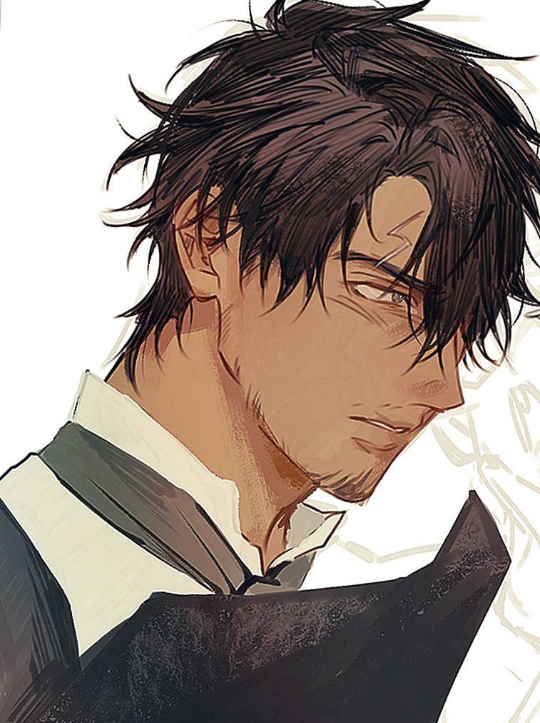 the image is a stylized digital drawing or painting of an animestyle male character. he has dark brown hair styled upward, giving a slightly messy yet sophisticated look. his skin tone is tan or light brown. he has a serious and somewhat brooding expression.  a small scar is visible on his forehead. he's dressed in what appears to be a darkcolored jacket or coat over a lightercolored collared shirt. a hint of a goatee or stubble is present on his chin. the overall style is a mix of realism and anime/manga aesthetics, with soft shading and texturing employed to create depth and form. the background is mostly white, drawing focus to the character.
