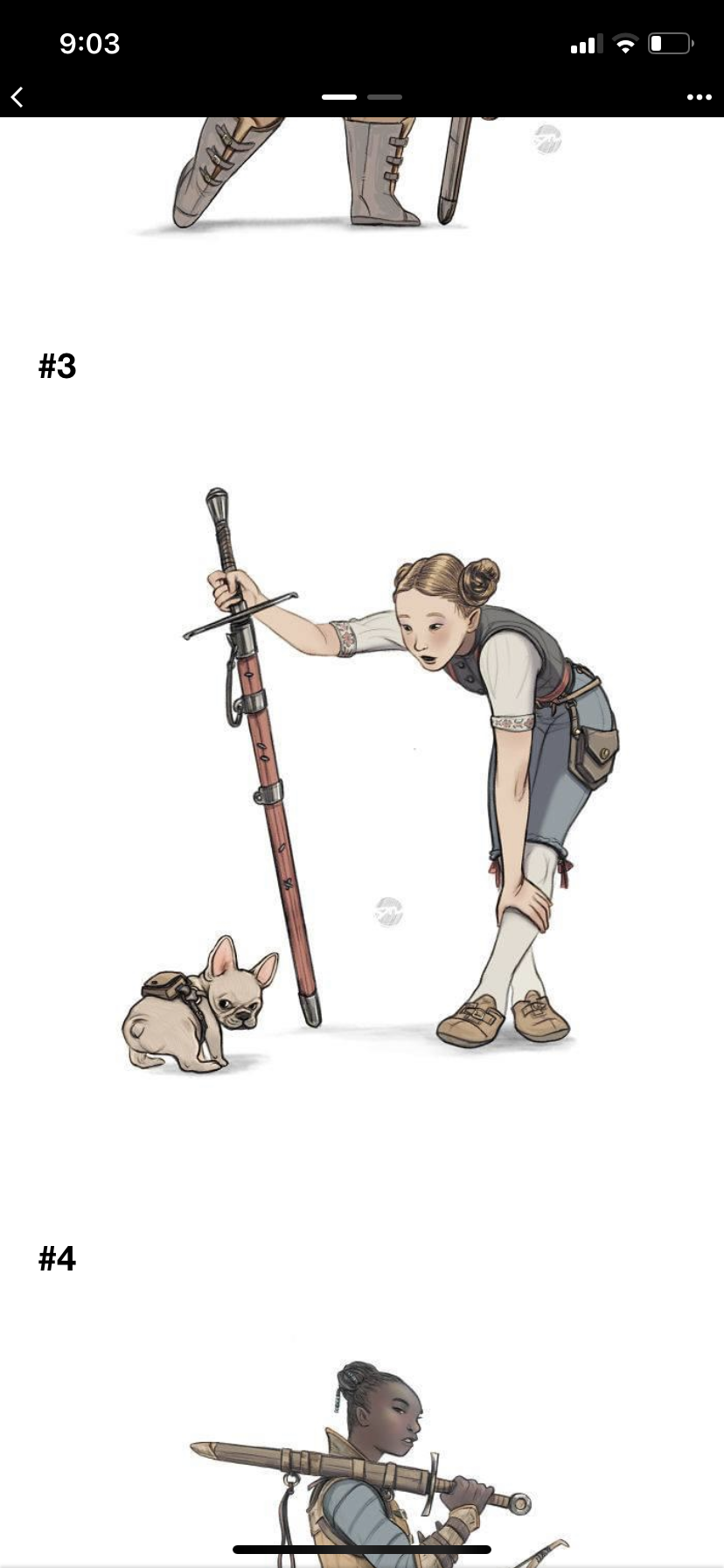 the image shows a young woman in a fantasy setting, she is leaning on a large sword and appears to be catching her breath.  she is accompanied by a small dog wearing a pack, suggesting they are on a journey together. the style of the illustration is semirealistic with soft lighting and muted colors.