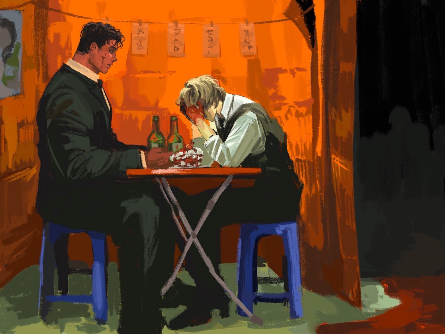 the image shows two men sitting at a table in a dimly lit restaurant. the man on the left is wearing a black suit and tie, and the man on the right is wearing a white shirt and black vest. the wall behind them is orange and there is a dark wooden wall to the right. there are two bottles of beer on the table, and they appear to be eating and drinking. the man on the right is looking down, while the man on the left is looking at him. the image is painted in a loose and expressive style.