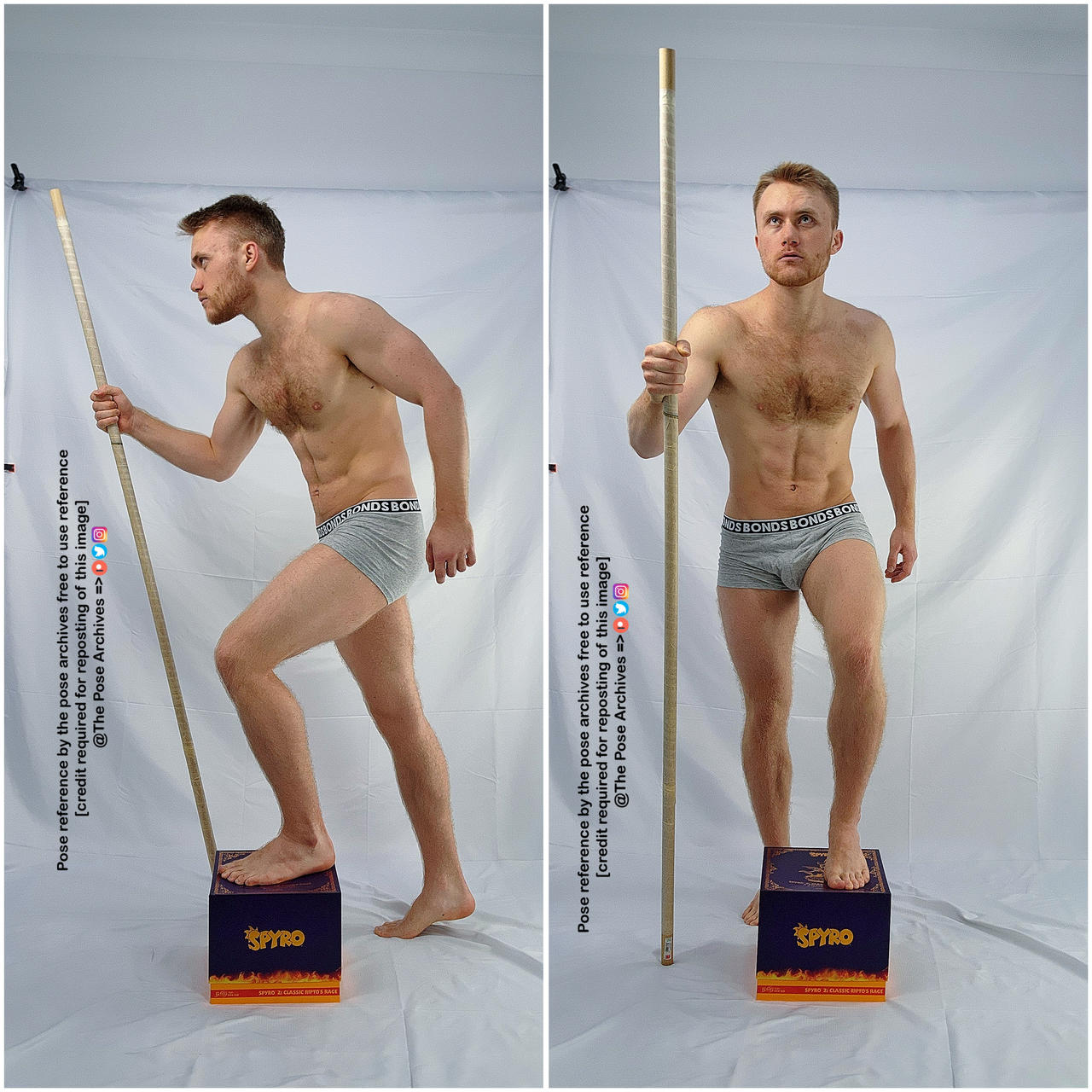 a male model is posing in two different stances in a studio setting. he is holding a wooden staff and standing on a "spyro" branded box. the background is white and he is wearing grey boxer shorts. the image is a pose reference for artists.