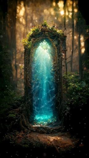 the image depicts a fantastical portal in the middle of a forest. the portal, framed by stone and overgrown with moss and vegetation, emits a bright, ethereal blue light that seems to ripple like water. sunlight filters through the trees in the background, adding to the magical and dreamlike quality of the scene. the ground around the portal is covered in roots and dark soil. the overall impression is one of mystery, tranquility, and the allure of an enchanted world.