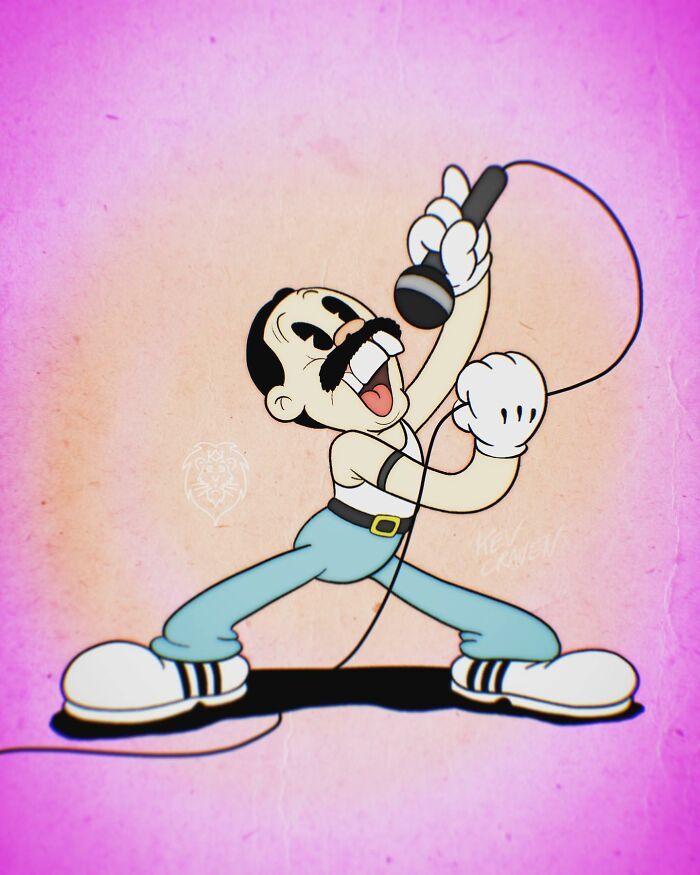 the image is a stylized cartoon rendition of freddie mercury, the lead singer of the band queen. he is drawn in a vintage cartoon style reminiscent of 1930s rubber hose animation, with exaggerated features and a limited color palette. freddie is captured midperformance, passionately singing into a microphone with his signature energy and stage presence. he is wearing his iconic white tank top, blue athletic pants with white stripes, and white sneakers. the background is a simple pink color, further emphasizing the focus on freddie's dynamic performance. the overall effect is a playful and nostalgic tribute to a legendary musician.