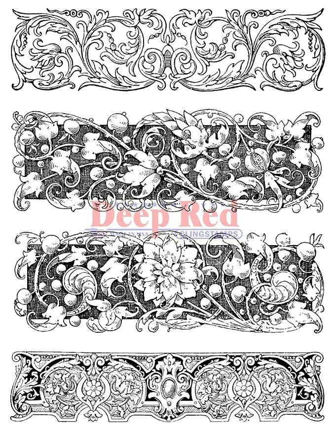 the image shows a set of four different decorative borders, each featuring intricate floral and ornamental designs. these borders appear to be vintage in style and could be used as embellishments for various artistic or design purposes. the designs include detailed scrolling patterns, leaves, flowers, and other plant elements, rendered in a black and white linear style reminiscent of engravings or antique illustrations.