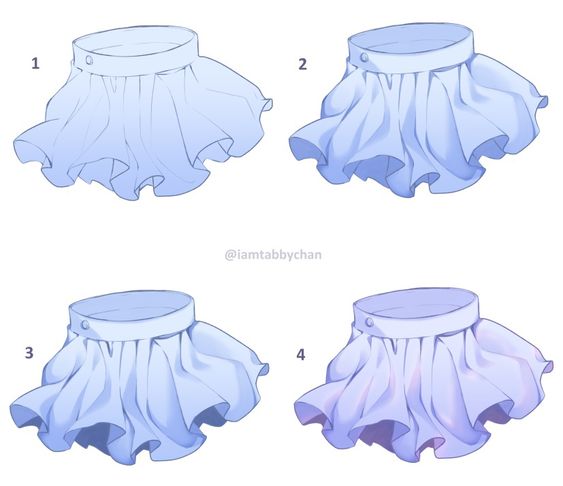 the image shows four variations of a digital illustration featuring a ruffled skirt. each version showcases a different shading and highlighting technique, exploring various lighting effects on the fabric. all skirts maintain a consistent light blue color palette with subtle variations in tone and saturation.