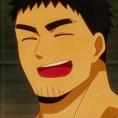this is a closeup illustration of a man with short dark hair and a stubbly beard. he has a joyful expression on his face with closed eyes and a wide, toothy smile. the art style appears to be anime or manga, with characteristic features like large eyes and exaggerated expressions. the warm color palette and soft lighting enhance the overall cheerful mood of the image.