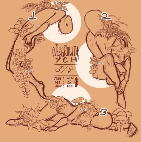 the image is a digital art piece with three sketches of anthro characters surrounded by mushrooms, leaves and vines. each sketch has a numbered circle beside it. the image also includes the words "overgrown ych", "sb: 20", "mi: 5", "ab: 100" and "o/f" which are the abbreviations for starting bid, minimum increase, auto buy, and the option to choose a male or female character respectively. this implies that these are auctioned adoptable characters.