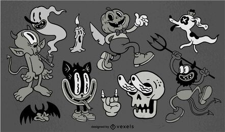 a vintagestyle cartoon graphic with a bunch of spooky characters, including a cat, a devil, a ghost, a skull, a pumpkin, and a monster, all with wide eyes and mischievous expressions. it's a fun and festive illustration for halloween.
