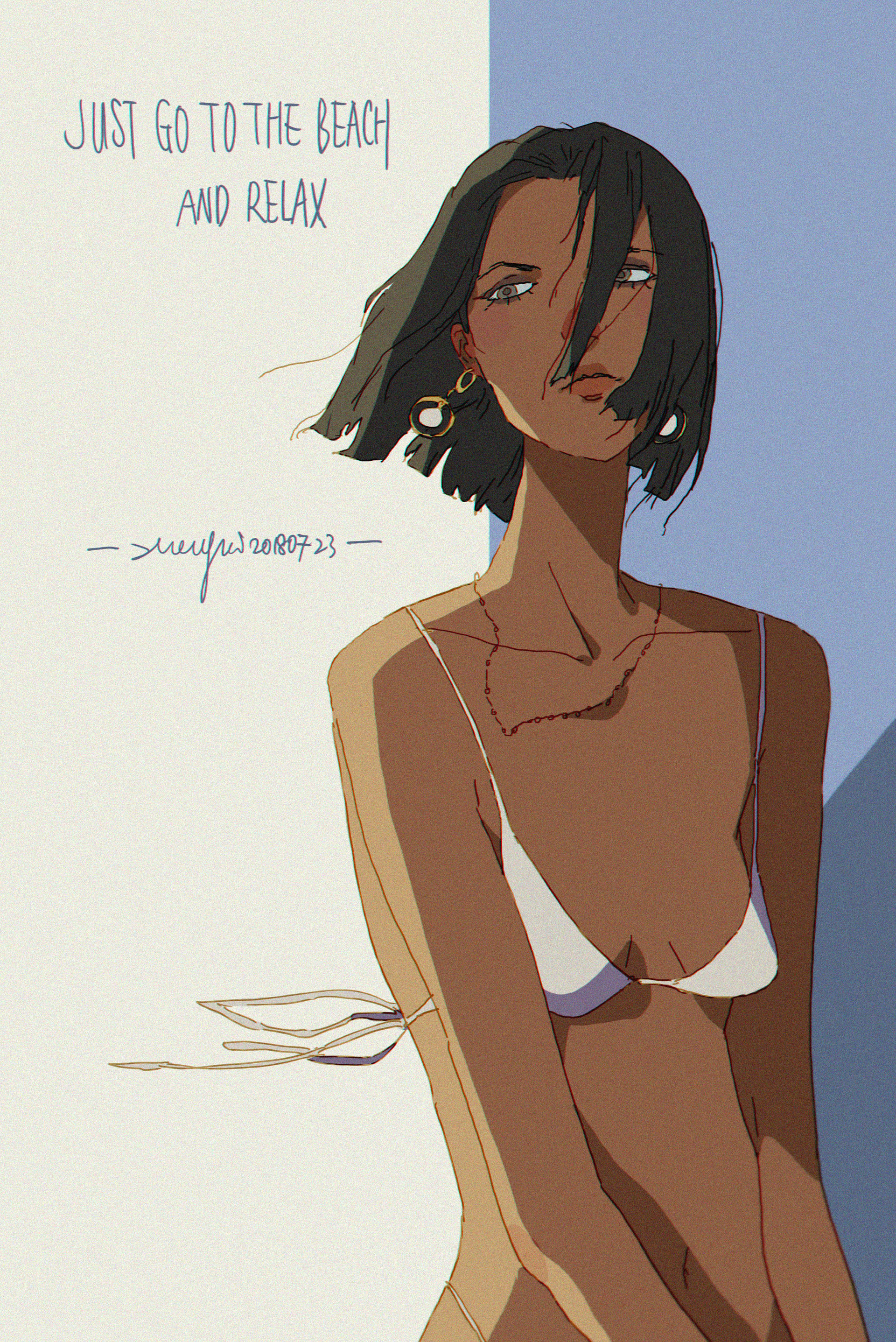 this is a digital illustration of a woman with dark hair and a white tank top. she has on a necklace and earrings. her eyes are partially obscured by her hair and she looks to the right side of the frame. the illustration has a text overlay that says "just go to the beach and relax."  the text is in a whimsical, handdrawn font.