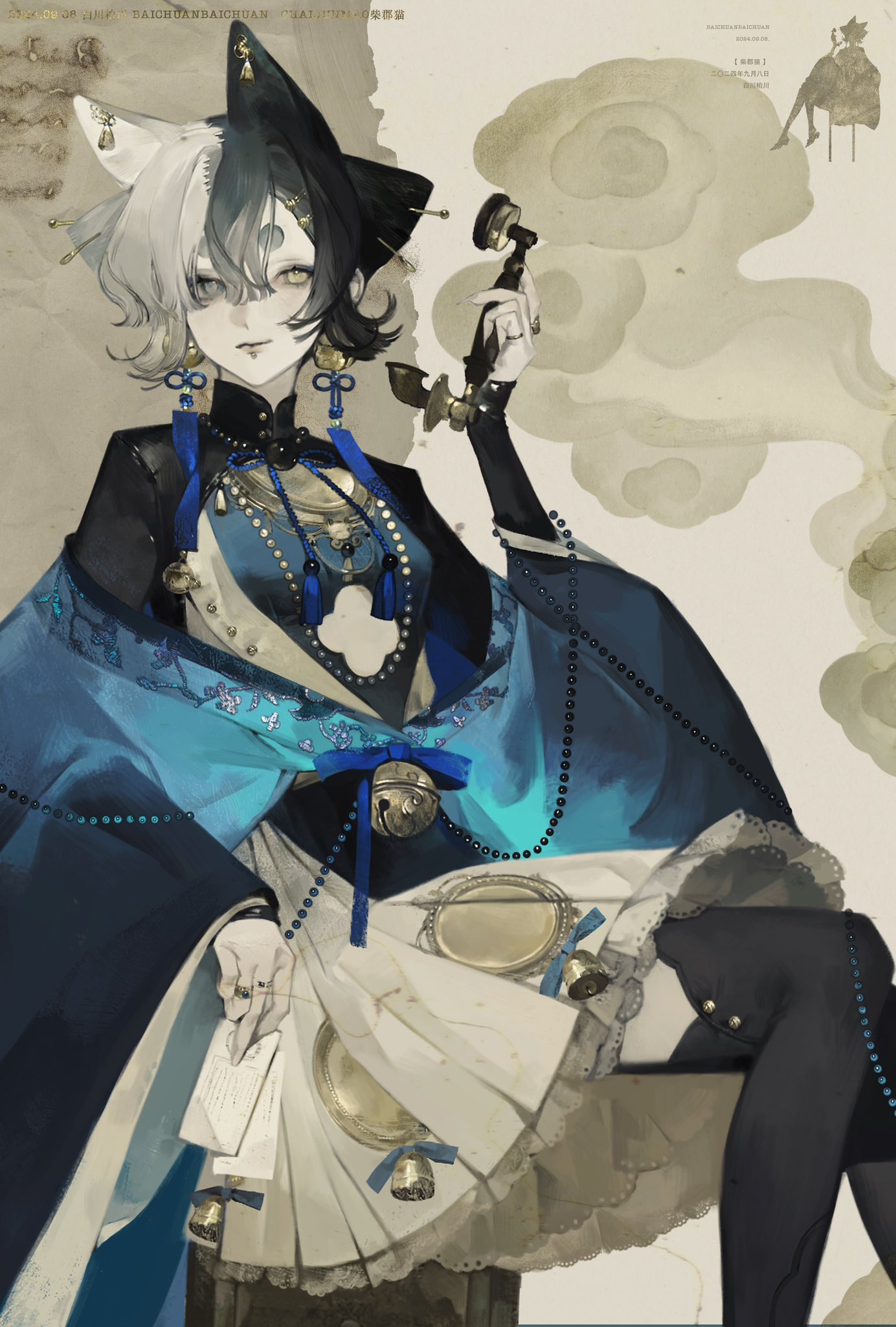 this is an illustration of a young woman with black hair, cat ears, and a white dress, who is sitting on a chair and holding an antique phone. her clothes are blue and white and she has a blue ribbon on her dress, as well as a pearl necklace. the illustration has an asian feel to it and she looks like she is from a cartoon or anime.