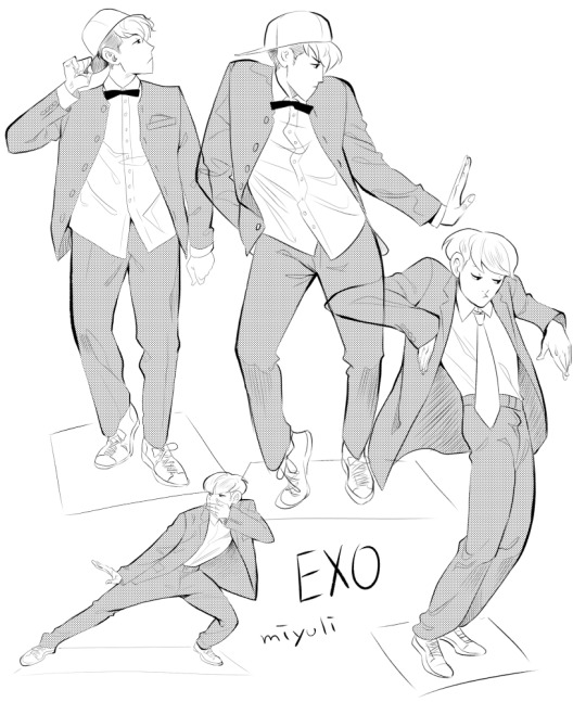 the image is a black and white line art drawing of xiumin, a member of the kpop group exo, in four different dance poses. he is wearing a suit, dress shirt, bow tie, and a baseball cap. the drawing is signed with the artist's name, "miyuli".  the poses capture the energy and fluidity of his dance moves.  the background is white and the lighting is flat, emphasizing the lines and movement of the drawing.