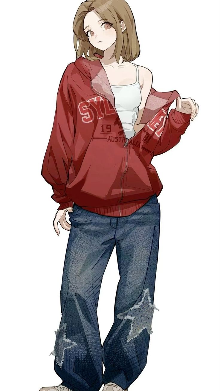 the image shows a young woman  with brown hair styled in a shoulderlength bob. she is wearing a red zipup jacket with white lettering, a white tank top, and baggy, ripped blue jeans. the style of the illustration is reminiscent of anime or manga. the background is a plain white, putting all the focus on the girl and her outfit.