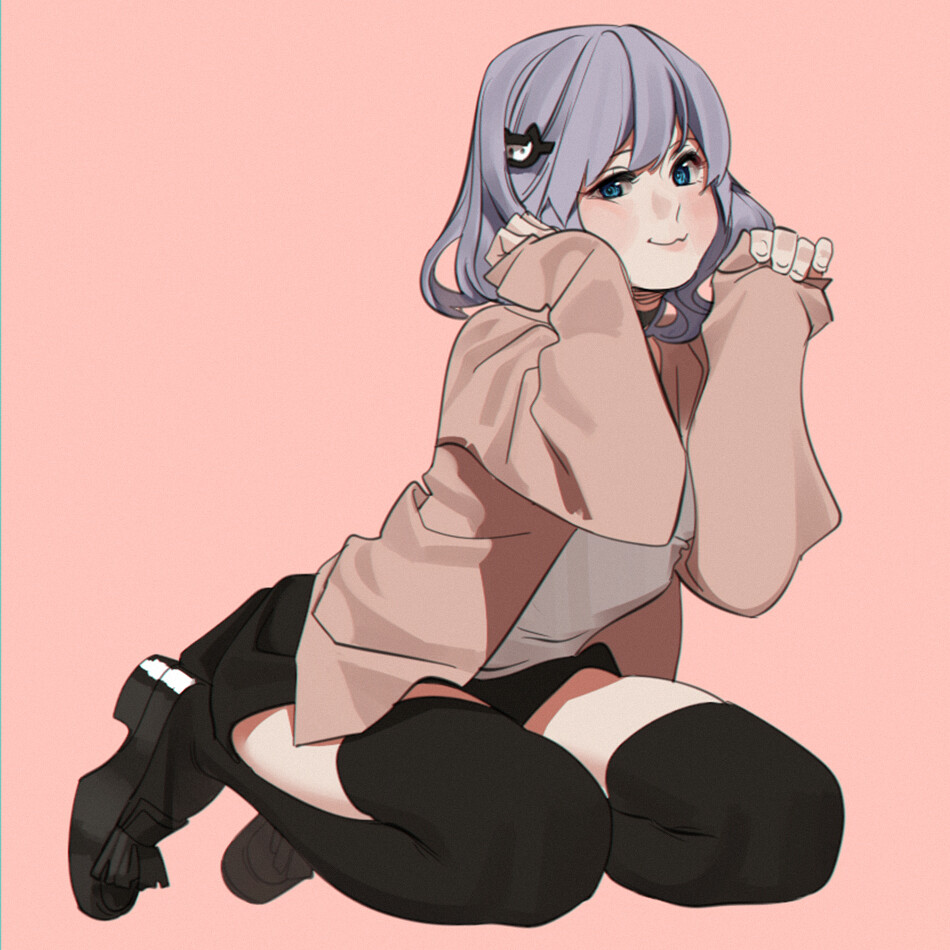 a stylized drawing of an anime girl with purple hair in a relaxed, cute pose. she's wearing a pink jacket, white shirt, black skirt, thighhigh socks, and black boots with tassels. the background is a solid pink.