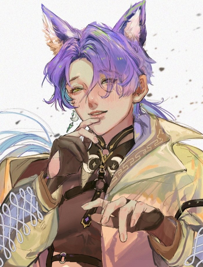 this is a digital illustration of an anime character with purple hair and cat ears. he's got a mischievous smile and has a hand on his chin, while the other is gesturing in the air. the character is wearing gold jewelry and patterned clothing. they have a white background.