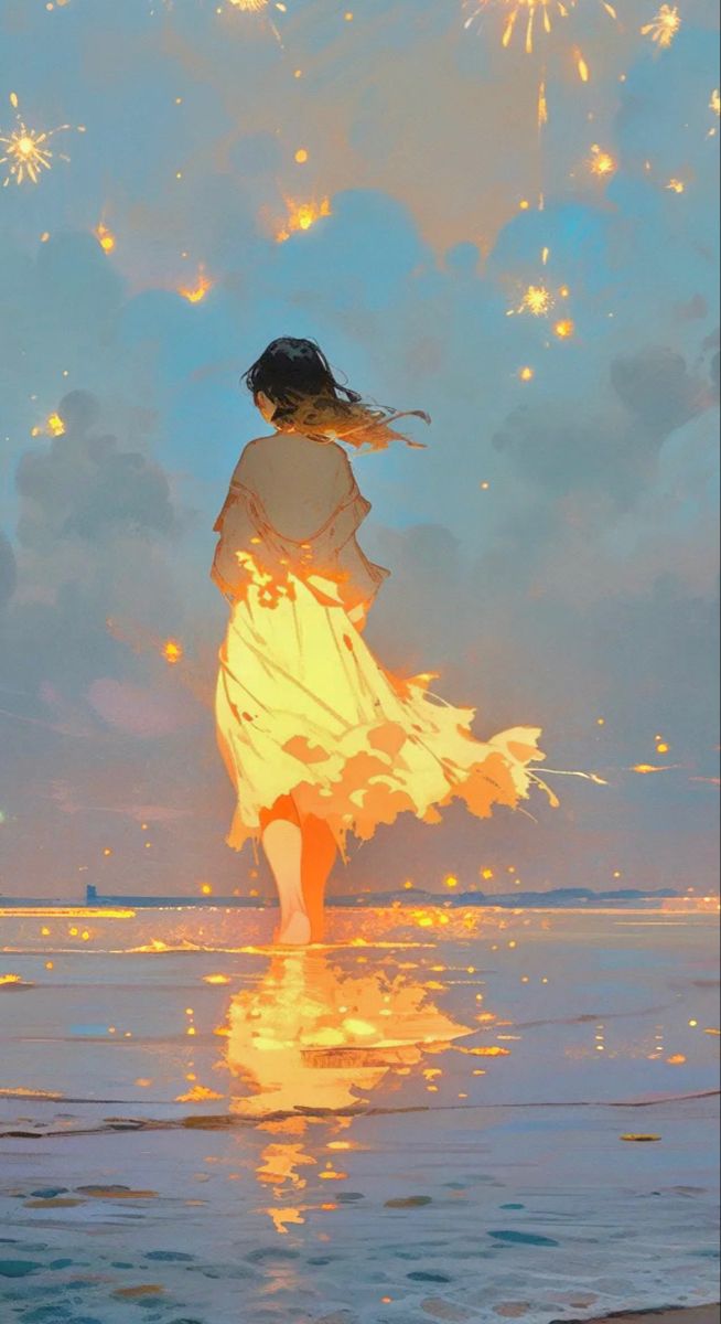 a woman in a flowing yellow dress walks along a beach at sunset. her back is to the viewer, and her hair blows gently in the breeze. fireworks explode in the sky above her, casting a warm glow over the scene. the woman's reflection is visible in the wet sand. the overall atmosphere is one of peace and serenity.