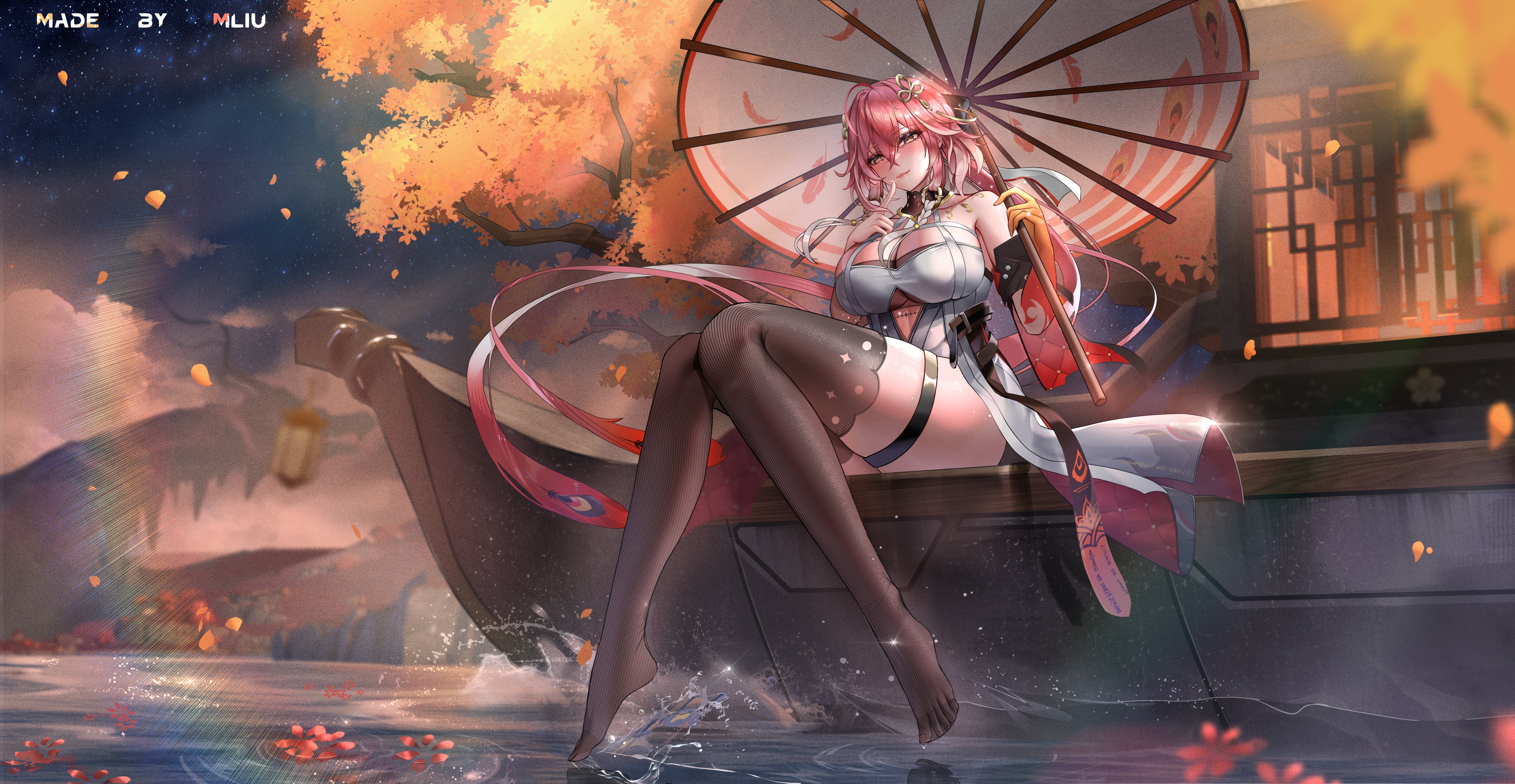 the image is a digital painting of an animestyle girl with long pink hair. she is wearing a white and red kimonolike dress and black stockings.  she's sitting on the edge of a boat on a river or lake at night, under an autumnal tree with falling leaves and holding a decorative parasol. the scene is atmospheric and romantic, with a focus on the character's beauty and elegant pose.  the artwork is detailed, with a soft color palette and subtle lighting effects. the artist's signature "made by mliu" is visible in the upper left corner.