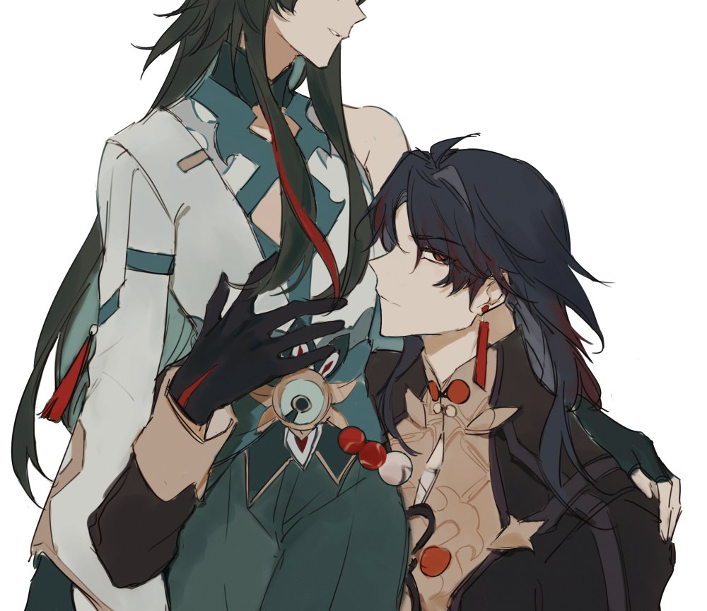 the image is an illustration of two anime characters, xiao and ganyu, from the game genshin impact. they are depicted in a close embrace, with xiao's arm around ganyu's waist. ganyu is looking down at xiao with a gentle smile, while xiao looks up at her with a soft expression. the image is filled with subtle romantic cues, such as the red string of fate tying their wrists together, suggesting a strong bond between the two. the artistic style is soft and whimsical, with warm colors and delicate details.