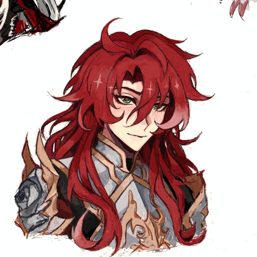 the image is a digital fanart depicting a male character, possibly inspired by anime or manga styles. he possesses long, vibrant red hair, striking green eyes that seem to glow slightly, and is clad in detailed, ornate silver and gold armor featuring a rose motif on his shoulder.  his expression is confident and somewhat smug. the art style is loose and painterly, with visible brushstrokes, giving it a soft yet dynamic feel. the background is mostly white, focusing attention entirely on the character. the overall aesthetic suggests a fantasy setting, potentially a game character like those found in genshin impact.