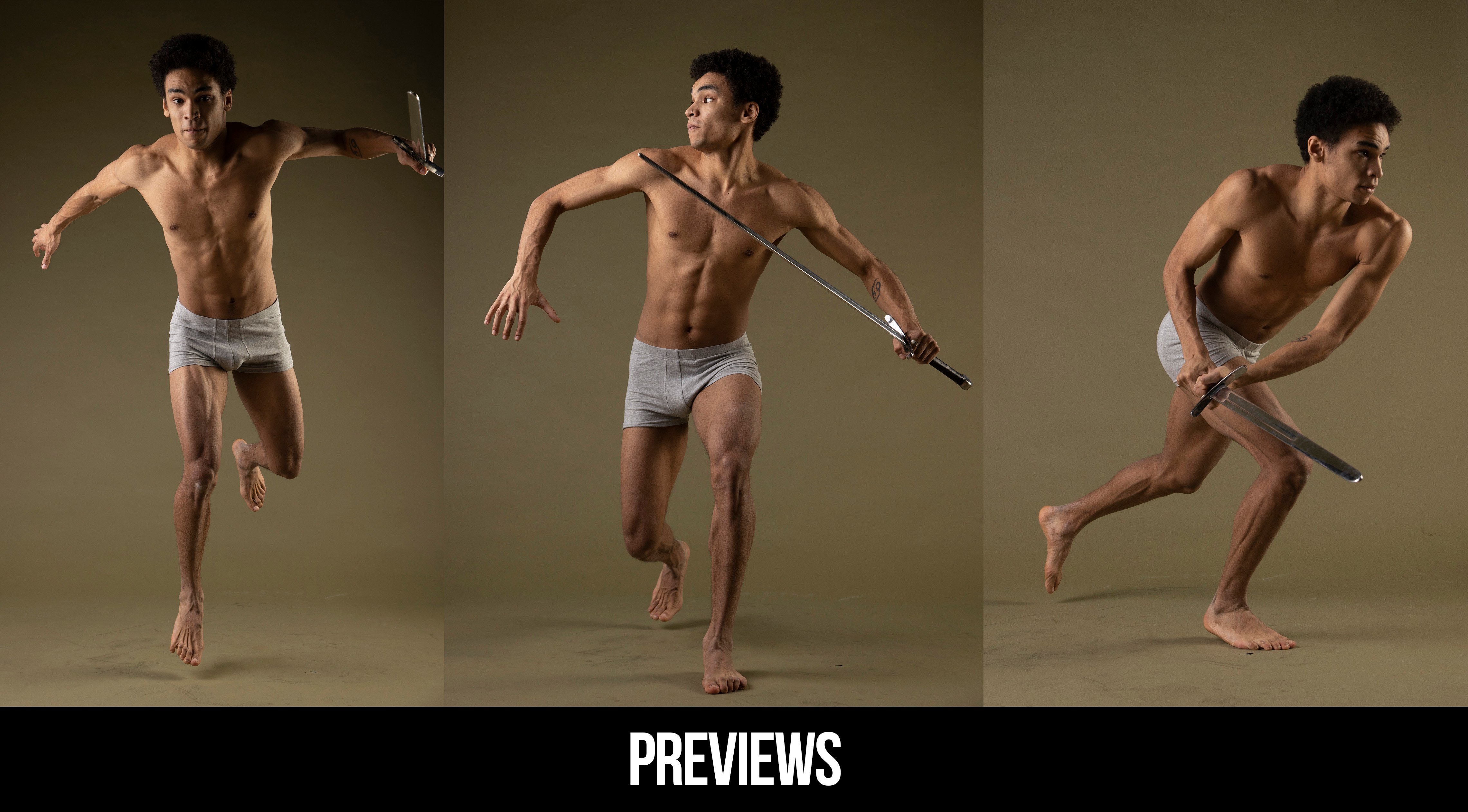 a shirtless man with a muscular physique poses in three different dynamic poses. the first pose is a jump, the second pose is a running lunge, and the third pose is a crouching lunge.  each pose showcases his athleticism and strength. the man is holding a sword in two of the three poses, adding to the dynamic and powerful nature of the images.  he is wearing grey boxer shorts. the background is a simple, solid color, providing a neutral backdrop for the powerful poses. the images are welllit and wellcomposed, capturing the man's energy and strength in a captivating way.