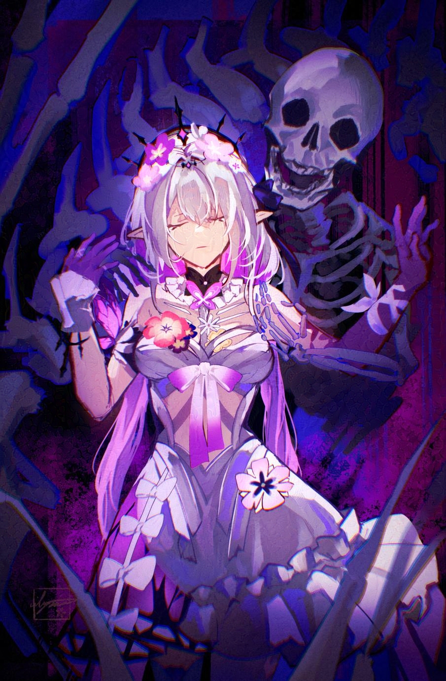 the image is a fantasy illustration featuring an elflike anime girl with purple hair, wearing a white dress with purple accents, adorned with flowers and ribbons. she has closed eyes and pale skin, giving her an ethereal appearance. behind her stands a skeleton with a sinister grin. the background is dark, featuring skeletal shapes, adding a spooky, gothic touch to the image. the overall atmosphere is a blend of dark fantasy and romantic elements.