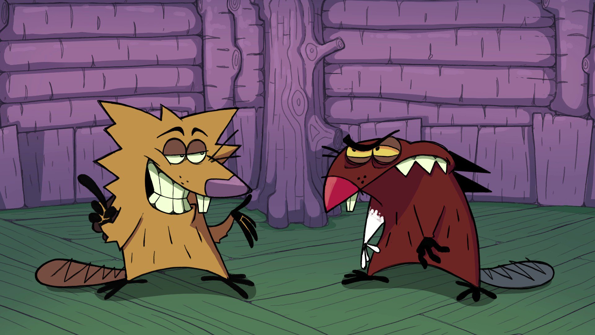 two cartoon beavers stand on a green floor inside a wooden cabin. the beaver on the left is colored light brown and is smiling and pointing upwards with its right paw. the beaver on the right is colored dark red and has an angry expression on its face with its teeth bared.