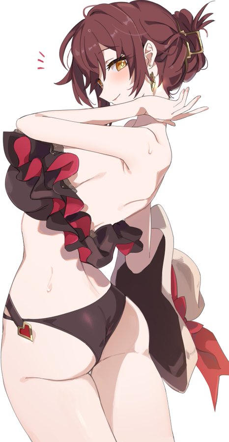 the image features a cute anime girl with brown hair styled in a ponytail, wearing a red and black bikini top and black bikini bottoms. she is smiling and looking up, with her hand on her hip and her other hand raised in a gentle pose. she has big yellow eyes, blush on her cheeks, and a delicate necklace. her long, brown hair flows down her back. the background is white, providing a clean and simple backdrop. the overall vibe is playful, happy, and elegant.  the art style is anime/manga, with detailed features and vibrant colors.