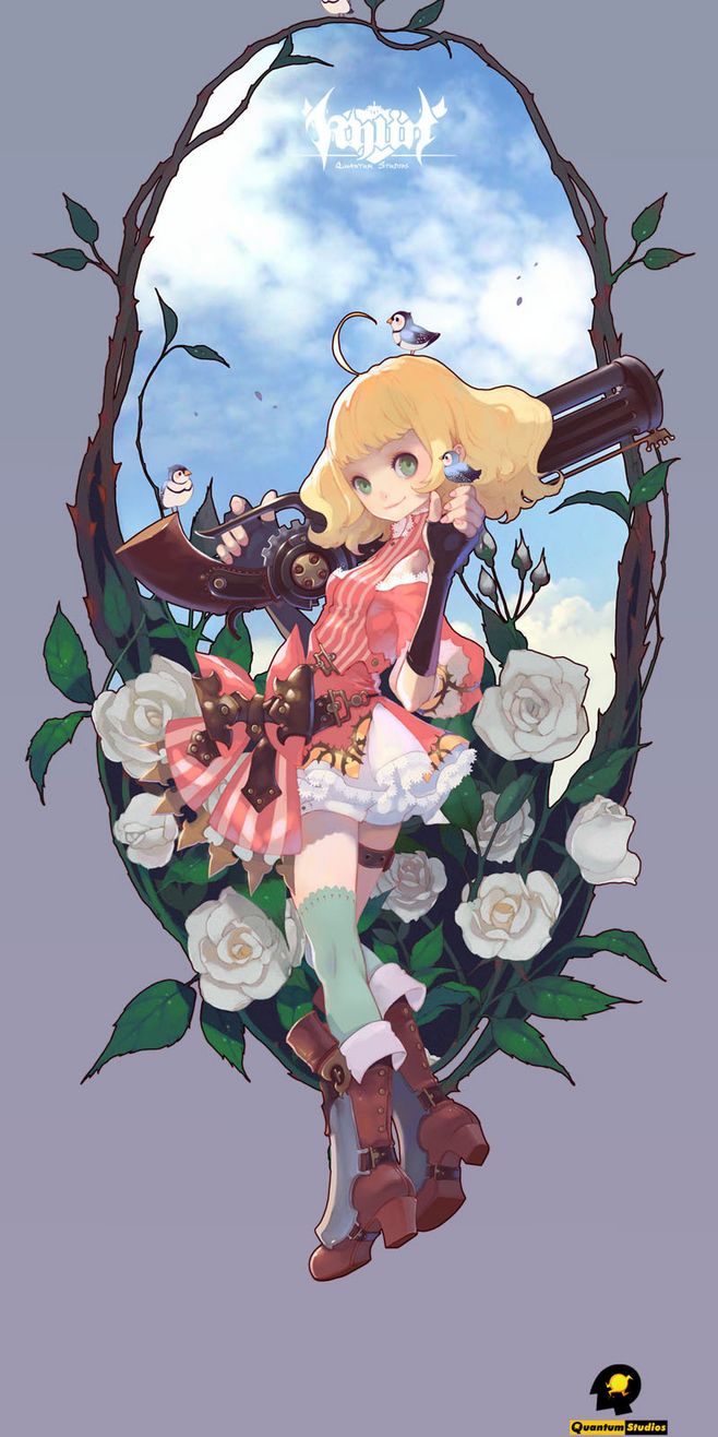 a young, animestyle girl stands within an oval, thorned frame adorned with white roses. she wears a pink and white dress with brown boots and holds a large, fantastical gun over her shoulder.  the background features a soft, blue sky with fluffy clouds, and small birds fly around her.