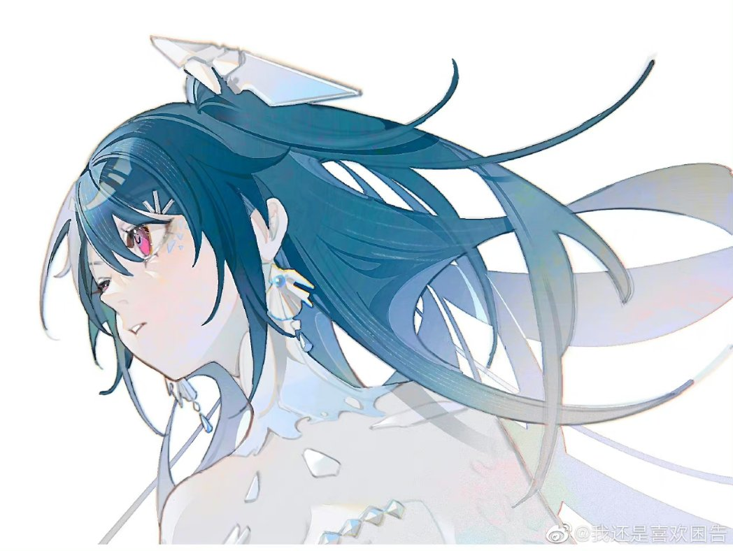 the image is an illustration of a young woman with long, flowing blue hair. she is facing left, with her eyes closed. she has a futuristic, ethereal appearance, with a white outfit and a single red eye visible. her hair is a prominent feature, depicted in various shades of blue and flowing behind her in the wind. the background is completely white, emphasizing the character and her hair.