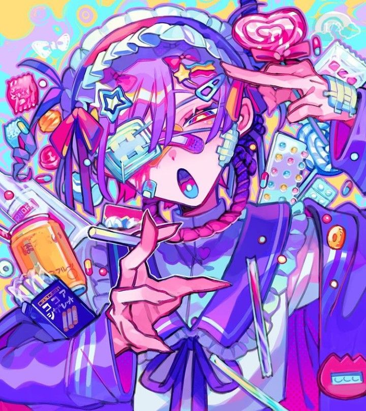 this is a digital illustration of an anime girl with purple hair. she is dressed in a school uniform and has a variety of accessories including bandages, candy, pills, and lollipops. the illustration is very colorful and features a lot of neon colors.