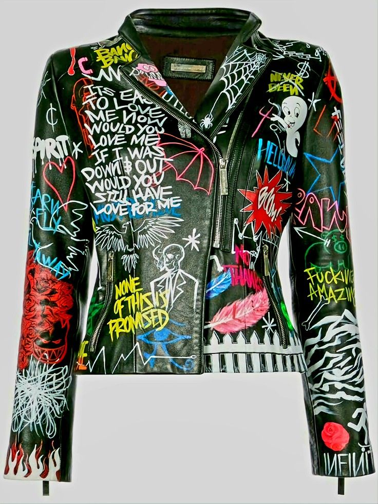 a black leather jacket adorned with colorful graffitistyle drawings and text. the jacket has a unique and artistic design, with various illustrations covering the surface.
