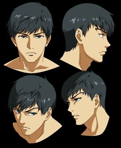 the image features a young male anime character with short, dark blue hair, shown from different angles. the top left image shows his face fronton, with a serious expression.  the top right image is a side profile shot of his face. the bottom left image shows his face fronton with a more intense, almost angry expression.  the bottom right image is a side profile shot of his face with a  thoughtful, serious expression.