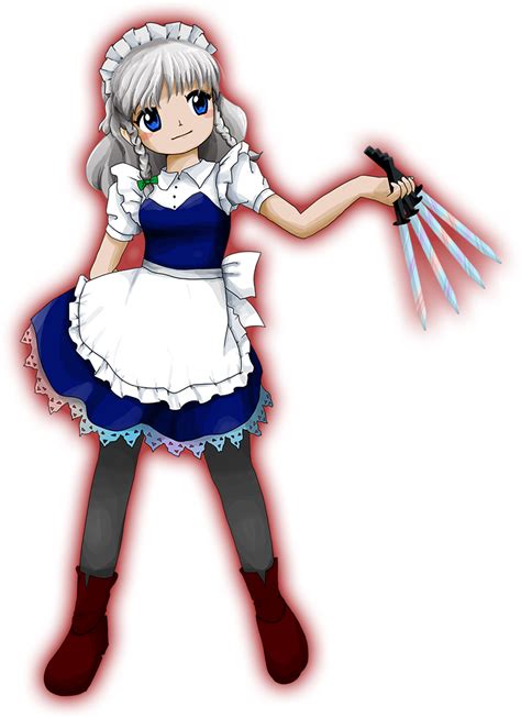 the image is a digital drawing of an animestyle girl dressed in a maid outfit. she has silver hair styled in pigtails, big blue eyes, and is wearing a white apron over a blue dress. she's holding a set of rainbowcolored knives, suggesting a contrast between her cute appearance and a potentially dangerous weapon. the style is playful and cute, yet the weapon hints at a more complex character.  a red glow surrounds the figure, adding to the fantastical feel of the image.