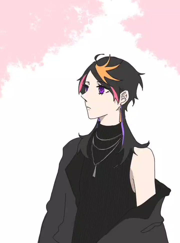 an illustration of an anime girl with pink, orange, and black hair. she's wearing a black shirt and jacket with multiple chains, and she is looking away from the viewer. there's a soft pink background with some clouds.