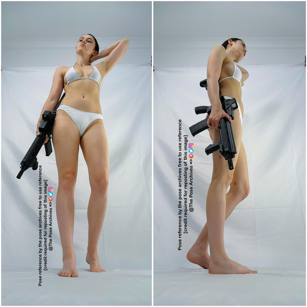 two images of the same woman in a white bikini and holding a black rifle. she is posing against a white backdrop in a studio setting. the images are labeled as pose references with credit required for reposting.