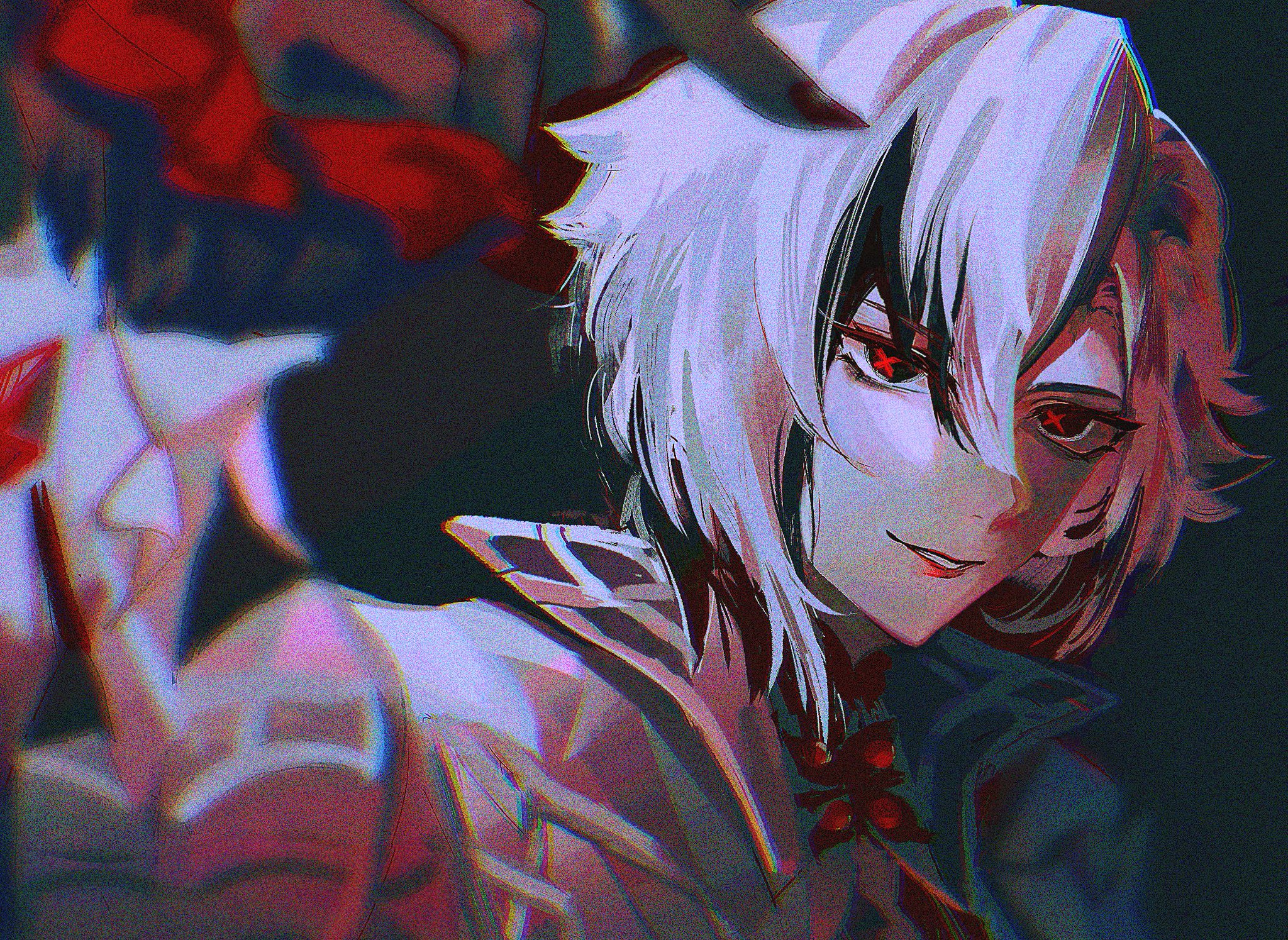 an animestyle portrait depicts a male character with white hair and red eyes, smirking against a dark background. he has a villainous or serious expression. red accents are visible on his clothing, and there's a suggestion of a hand in the background, adding to the overall dramatic and potentially ominous atmosphere.