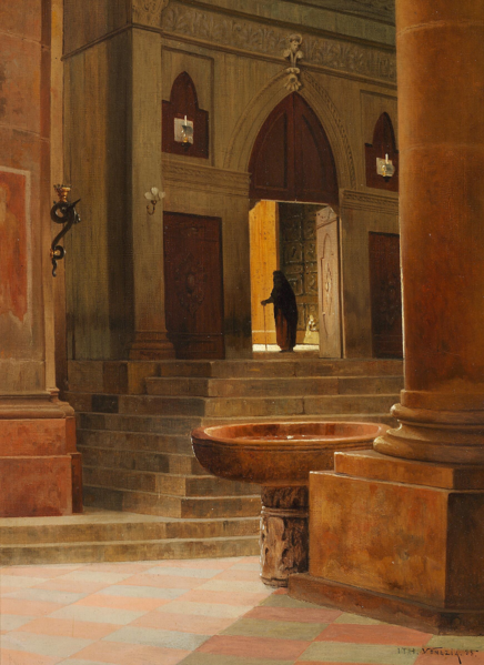 painting depicts the interior of a church with a woman standing in a doorway. the foreground features a column on the right and a baptismal font in the center. steps lead up to a doorway in which the woman stands. there are candle sconces on the walls. the painting is rendered in warm tones and has a religious theme.