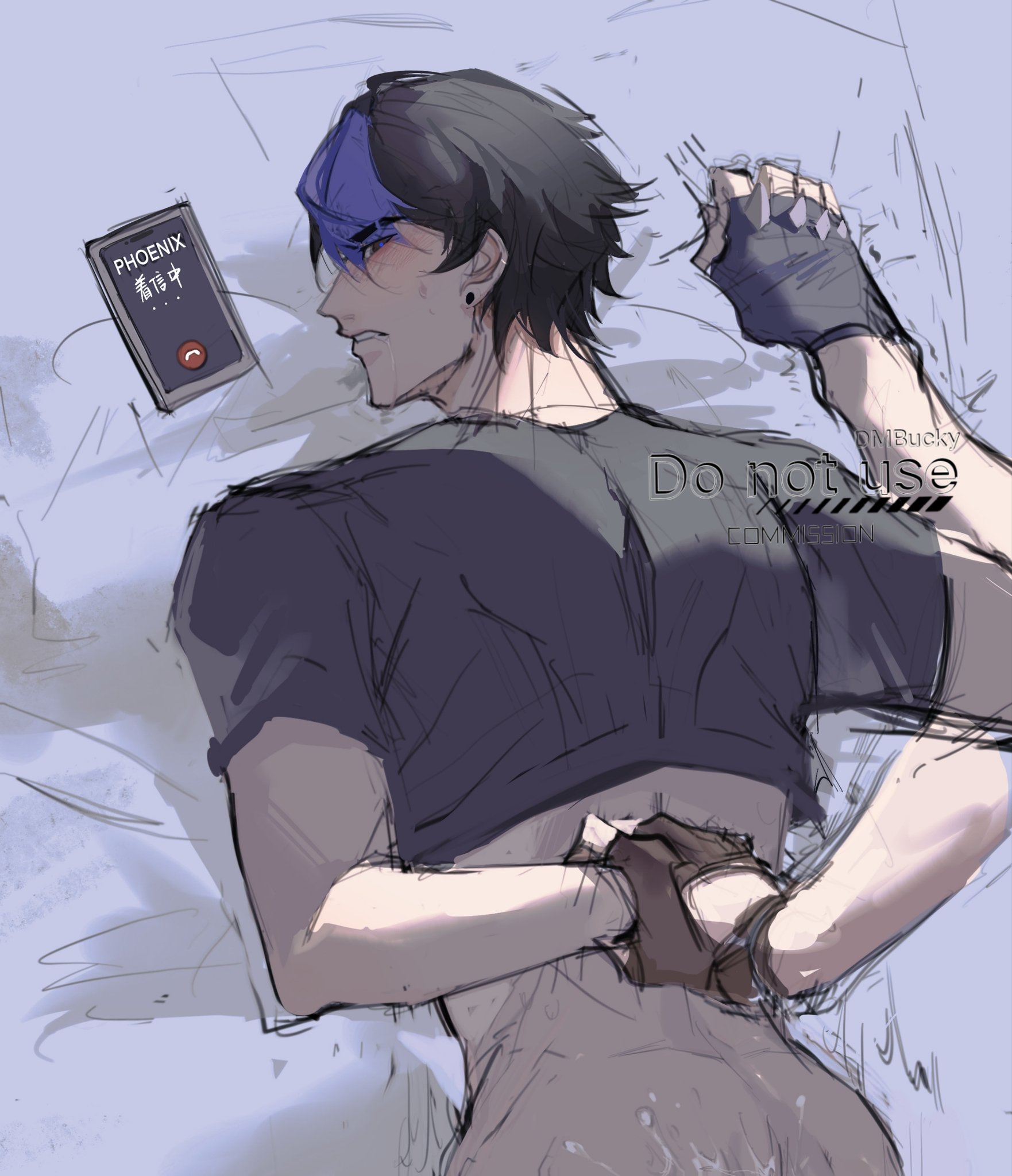 the image is a digital drawing in an anime/manga style depicting a young male character with dark hair and a streak of blue in his bangs. he's wearing a darkcolored cropped shirt and gloves.  he's lying on his side in bed, looking downcast or upset,  with his hands clasped behind his lower back. a cell phone displaying an incoming call notification rests nearby on the bed.  the art style is somewhat sketchy and unfinished, indicating a work in progress or a rough draft. a watermark indicates it's a commissioned piece. the overall mood is one of sadness or contemplation.