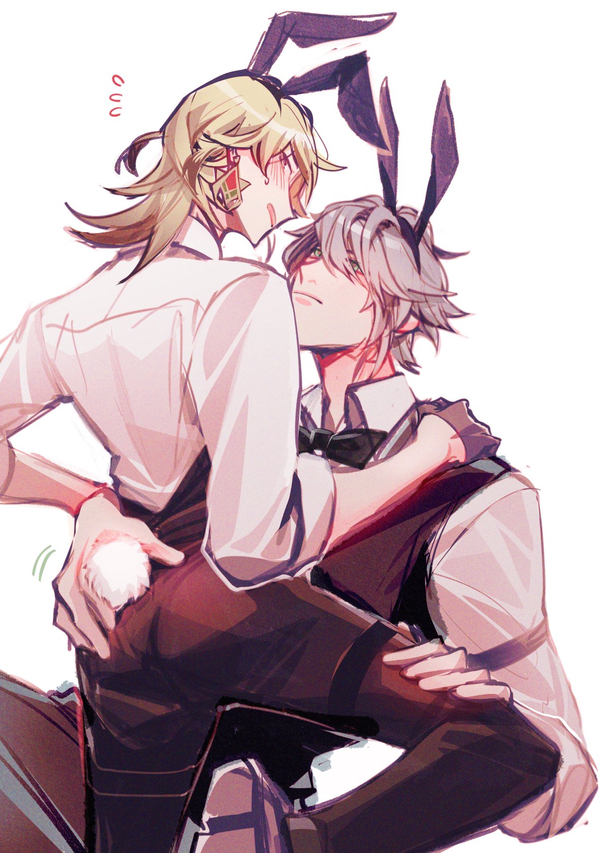 two anime boys are embracing. the one on the left is wearing a white shirt with a black bow tie. he's holding the other boy from behind, and they are both blushing. the boy on the right is wearing a brown vest with a black bow tie. they both look like they are about to kiss. the background is white. the illustration is drawn in a manga style.