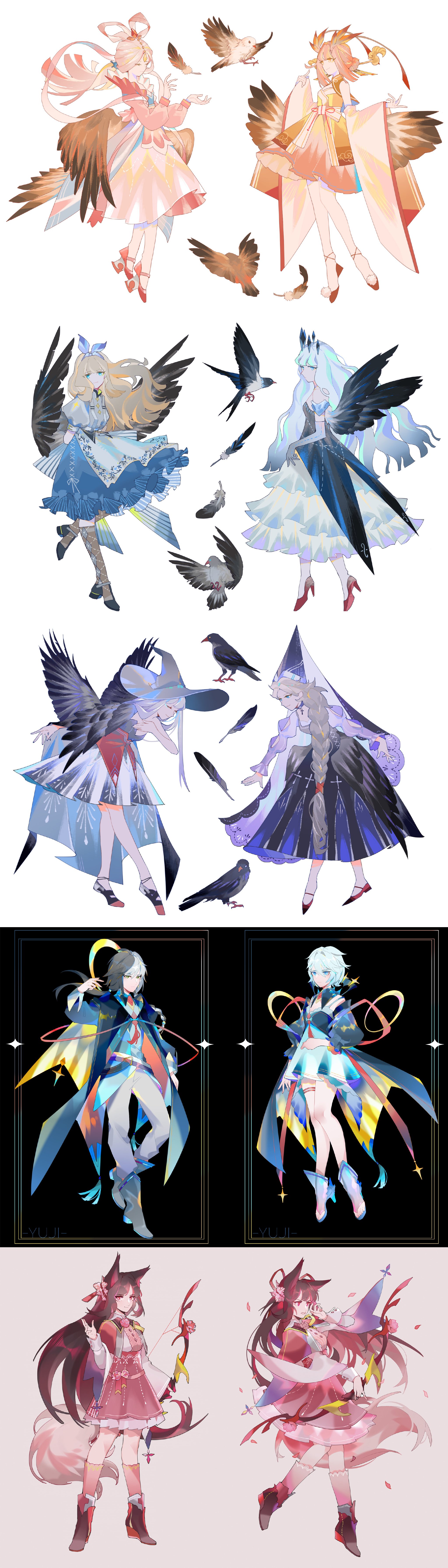 the image showcases a collection of ten animestyle female characters, each adorned in elaborate dresses and possessing distinct, fantastical features.  most notably, several characters boast large, feathered wings, reminiscent of birds like crows or ravens. the color scheme leans towards a pastel palette of blues, purples, pinks, and yellows. the characters are presented against a clean, white background, emphasizing their intricate designs and the overall ethereal aesthetic.