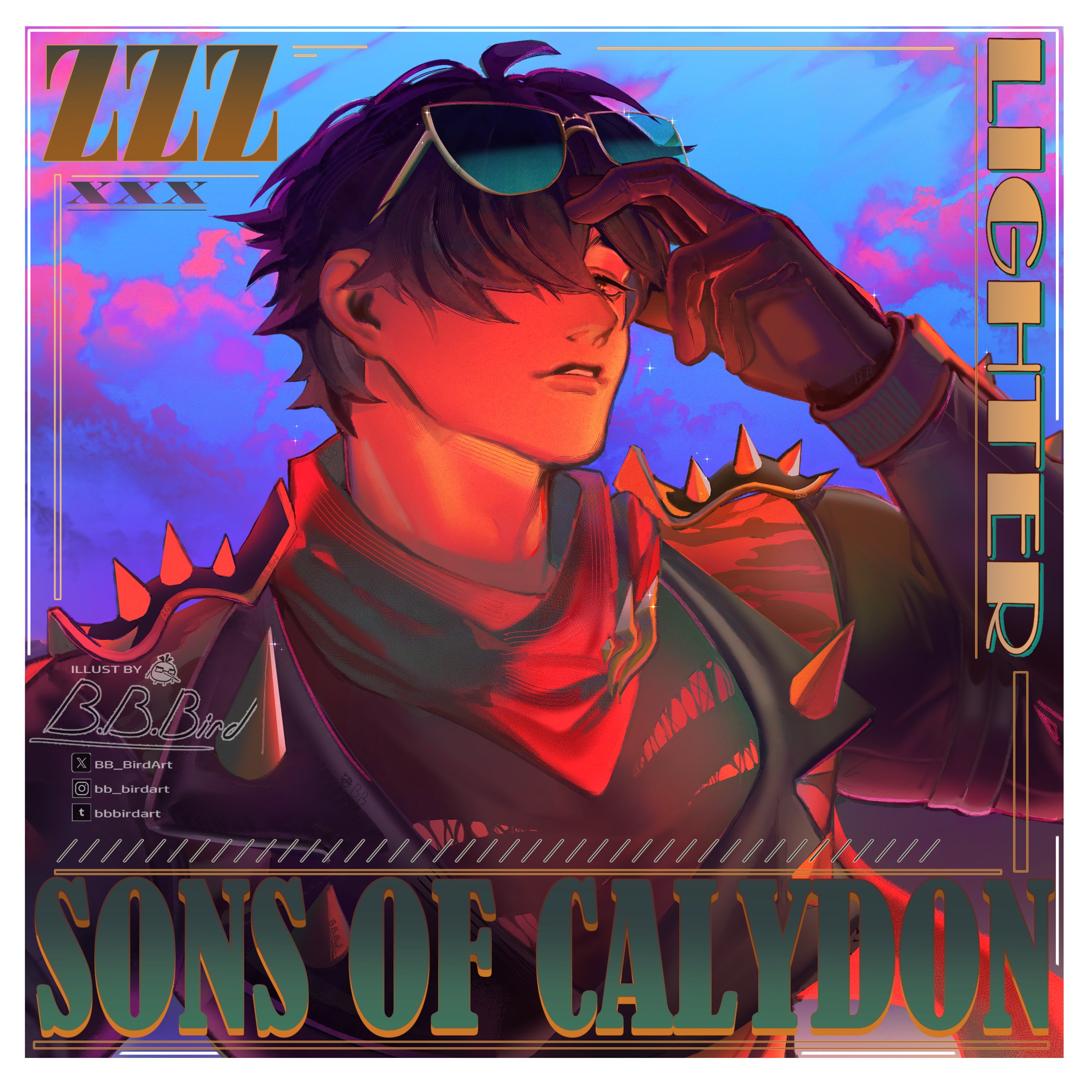 the image is a vibrant digital illustration or fanart, possibly album art,  featuring a stylized male character. he has dark hair, is wearing sunglasses and a red bandana, and has a punkinspired outfit with a spiked collar. the art style blends anime influences with a more painterly,  textured approach. the character is set against a dramatic sunset backdrop.  text overlays identify the piece as "lighter" by "zzz" and credits "bb_birdart" as the illustrator.  the words "sons of calydon" are prominently displayed at the bottom, suggesting a possible connection to a game, book, or band with that name. the overall mood is energetic and slightly melancholic, due to the dramatic lighting and the character's pensive expression.