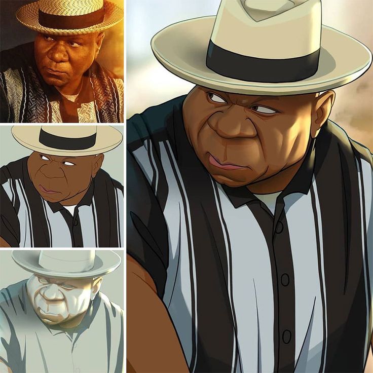 the image contains four depictions of a man. the upper left image is a photograph of an older man wearing a straw hat and a patterned shirt, giving a suspicious sideeye. the remaining three images are stylized cartoon renderings of the same man. the largest rendering is on the right and shows the man in a striped shirt and a hat. the bottom left cartoon is a more simplified and sketchlike version.
