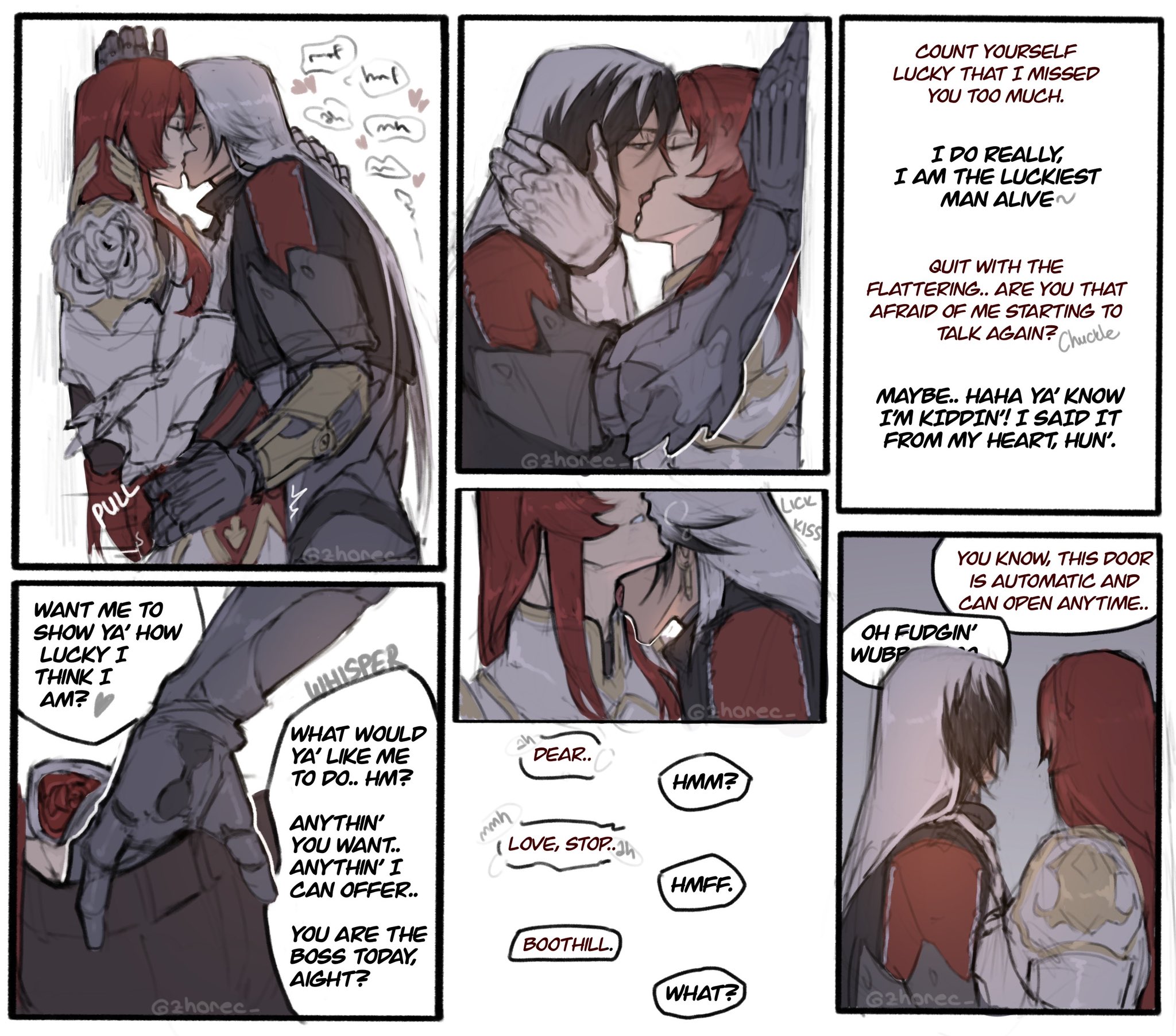 the image is a multipanel comic strip or webtoon in a style reminiscent of manga or webtoons,  featuring two male characters in a romantic relationship. the art style is soft and expressive, with a focus on emotional moments and dialogue.  the comic depicts various stages of their interaction, including kissing, playful banter, and whispered conversations. the panels showcase a combination of intimate moments and lighthearted humor, with text bubbles containing dialogue that reveals the characters' feelings and thoughts. the overall mood is affectionate and romantic, with elements of playful teasing and flirtation.  the setting seems to be a fantasy world, given the style of clothing worn by the characters.  the characters' physical characteristics also suggest a fantasy or supernatural element.