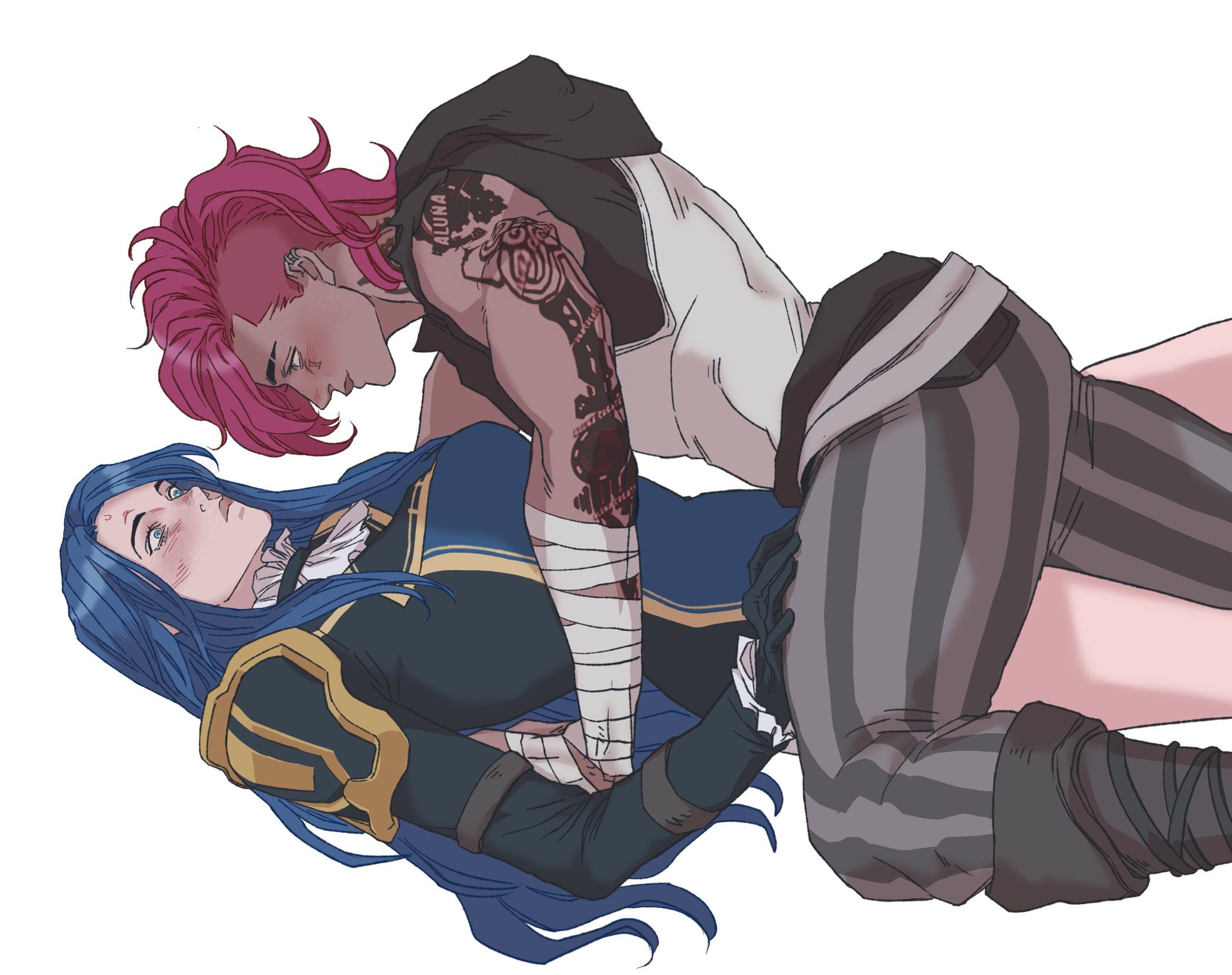 an anime/cartoon style drawing of two women, vi and caitlyn kiramman from arcane/league of legends, in an intimate embrace. vi, with pink hair and tattoos, is on top of caitlyn, who has blue hair and is wearing a blue and gold outfit.
