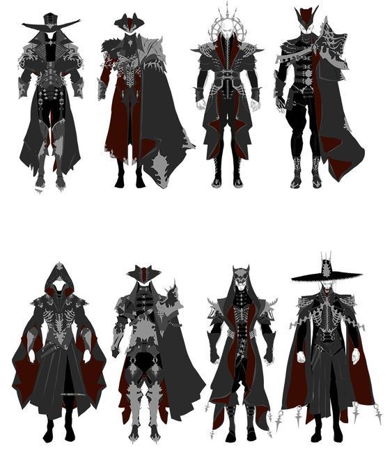 the image showcases eight different character design concepts, likely for a video game or similar fantasy project. all characters are male and share a common gothicvampire aesthetic.  they are depicted in grayscale with accents of dark red, wearing elaborate cloaks, hats (in some cases), and armor elements. the designs vary in details, including headgear, cloak style, and armor plating, offering a range of visual options for a single character type or several different characters. the style is clean and suggestive, likely preliminary sketches or concept art for a final design.