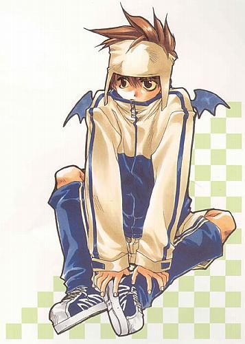 this is an anime illustration of a young boy in a casual outfit, sitting on a checkered floor with his legs crossed. he has dark brown spiky hair and is wearing a white jacket with a black zipper and blue stripes on the sleeves and sides. the jacket has a white hood with a black lining. he also has a white scarf wrapped around his head with a black lining.  his dark blue pants are tucked into his sneakers which are white with blue accents. he has a faint shadow on his body. there is a light blue wing on each side of his jacket.  the background is a checkered pattern of green and white squares. the illustration is done in a clean and modern style, with attention to detail and color.