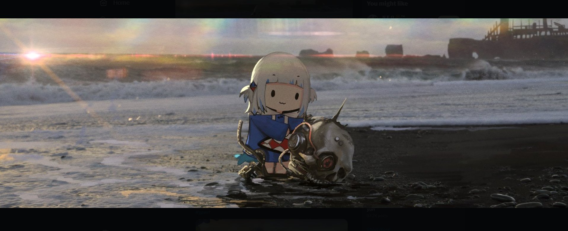 the image shows a cute animestyle chibi girl with white hair and a blue outfit standing next to a robotic skull on a dark beach at sunset. the ocean waves are crashing against the shore, and in the background, there are the ruins of a shipwreck. the overall atmosphere is dark, gloomy, and melancholic, with a hint of fantasy. the style is digital art illustration.