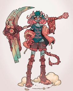 a stylized drawing of a demon girl holding a scythe. she has horns, pink hair, and a long tail. she is wearing torn shorts and a jacket, a blue shirt with text that reads "head in space lost in the universal", and fingerless gloves. she is also wearing leg armor and boots. the background is a pale pink.