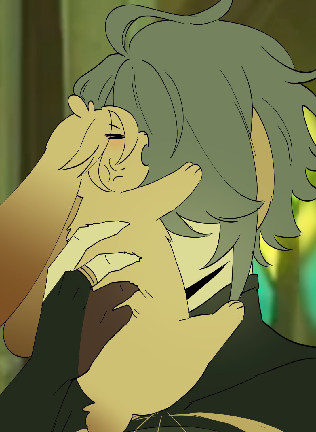 a young man with long green hair holds a small bunny close to his face. the man is looking down at the bunny with an expression of love and tenderness. the image is drawn in a cartoon style with simple lines and bright colors. the background is blurry and green, making the man and the bunny the focus of the image. the image evokes feelings of love, friendship, and companionship.