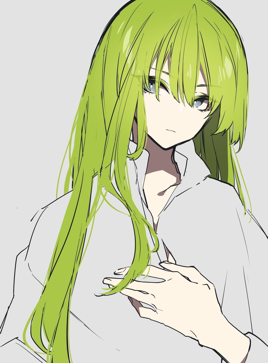 a drawing of an animestyle girl with long, light green hair, light blue eyes, wearing a white shirt and has one hand in frame.