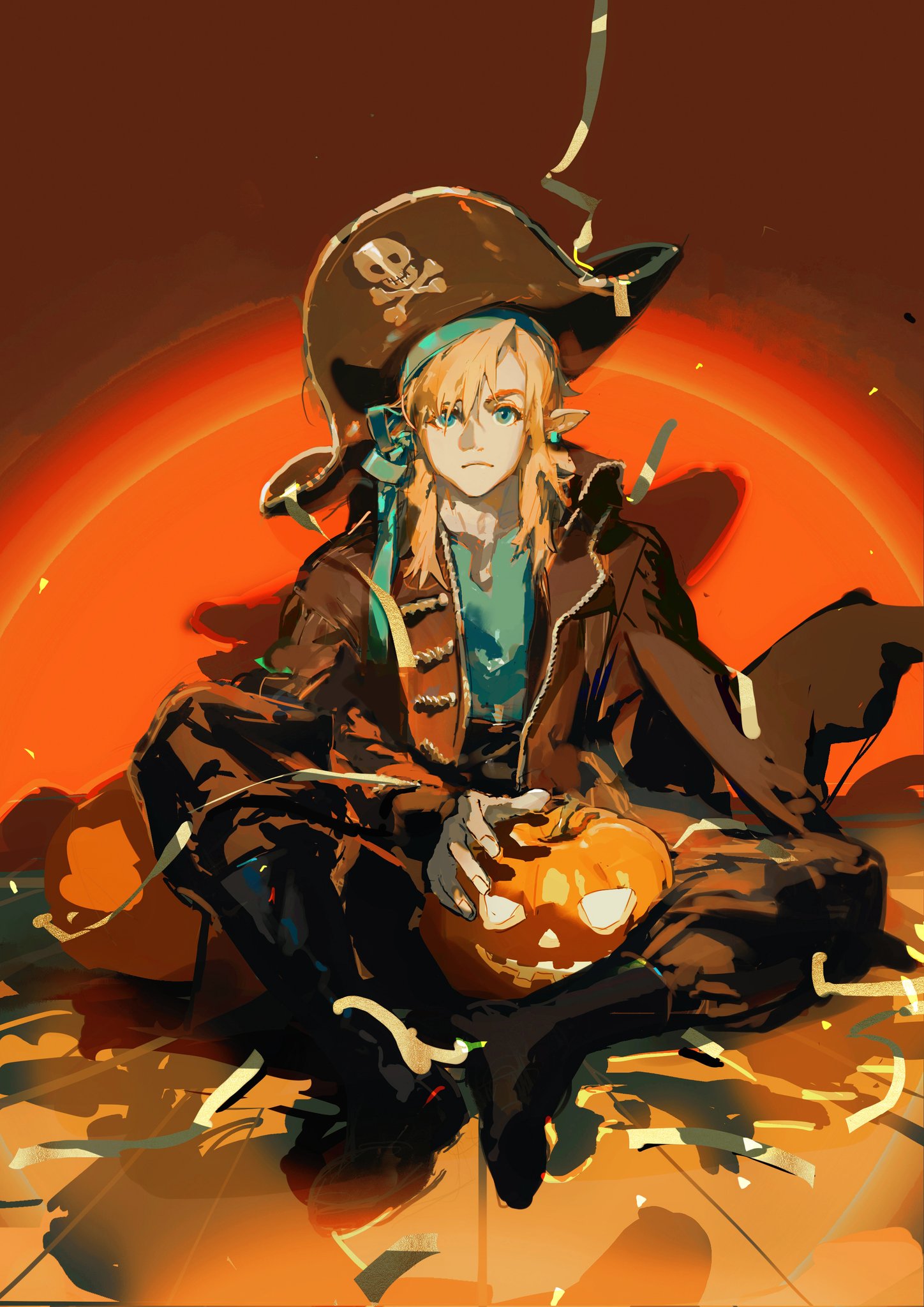 an animestyle illustration of link from the legend of zelda series dressed in a pirate costume for halloween. he is wearing a black pirate hat with a skull and crossbones on it, a brown leather jacket, a turquoise shirt, and black pants. link is holding a jacko'lantern in his hands, and he has a serious expression on his face. the background is orange and red, with lots of gold and black confetti.